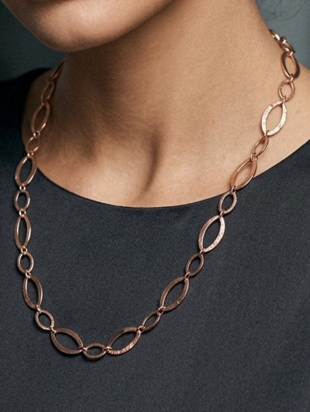 Rose Gold Almond Oval Link Chain Necklace 15" Drop